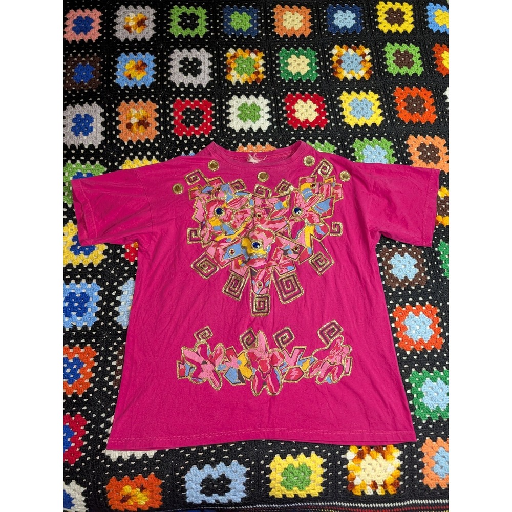 Vtg Sweet Blondie T-Shirt Women One Size Pink Gold Glitter Paint Rhinestones 80s